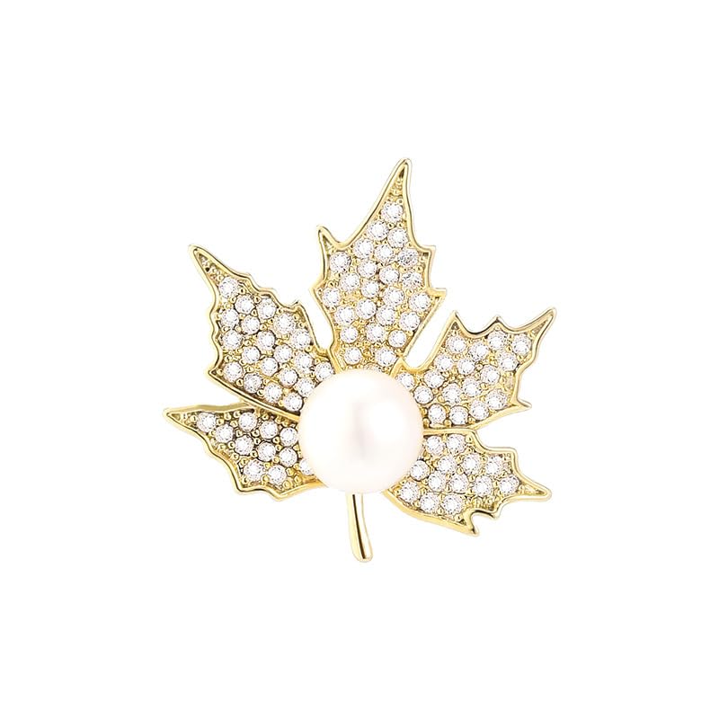 Image of Rhinestone Leaf Brooch Pins - Crystal & Gold-plated Lapel Pin Jewelry for Women - Birthday Gift for Wife or Friends