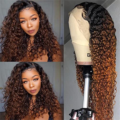 Stylqueen Hair for Women Ombre Lace Front Wig Human Hair Glueless Brown Curly Lace Front Wig Colored Human Hair Wigs Pre Plucked Brazilian Virgin Wig with Baby Hair 150% Density 16 Inch
