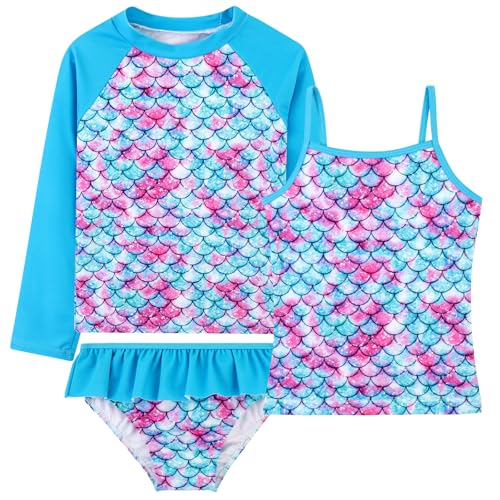 Image of DAXIANG Girls Rash Guard Swimsuit Long Sleeve Swim Shirt 3 Piece Tankini Bathing Suit with Bottom for Kid Toddler 3-12 Years