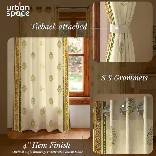 Image of Urban Space 100% Cotton Curtains with Gold Foil Print | Upto 60% Light Blocking Long Door Curtain 8 feet I Set of 2 Decorative Curtains with Eyelets, Tieback (Zari Buta Sage Green Gold - 8 feet)