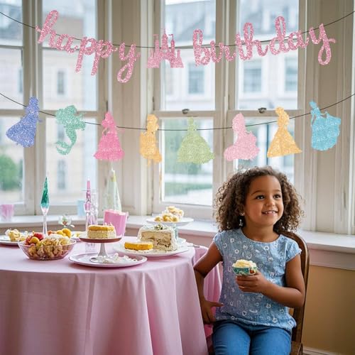 Image of Pink Happy Birthday Princess Banner Decorations Pink Garland Glitter Bunting for Girls Coquette Birthday Party Decorations Favor Supplies