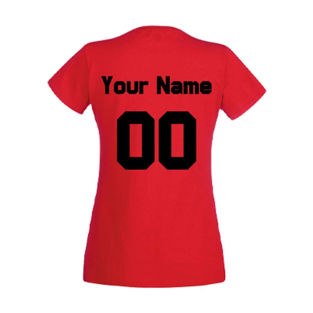 Personalised Women's Football T-Shirt, Red, Size Small, Personalise with Any Name and Number