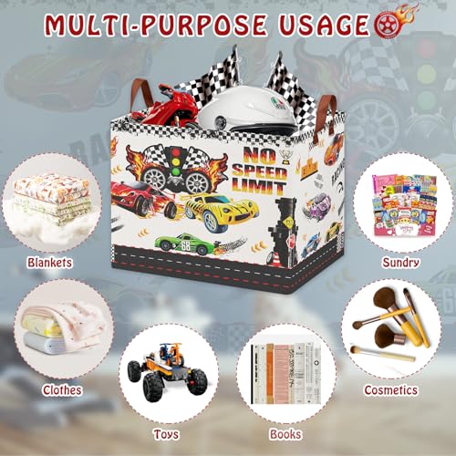 Image of Race Car Storage Basket for Boys, 36L Waterproof Toy Clothes Storage Bin with Speed Limit Sign, Car Themed Room Decor for Nursery, Bedroom, Bathroom, Checkered Design Kids Laundry Hamper