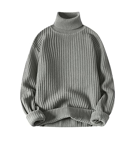 Mnjyihy Mens Autumn Sweater Turtleneck Pullover Sweater Solid Color Knit Sweater gray9 XXL