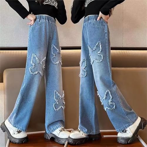 Girls Cute Butterfly Wash Denim Pants Elastic High Waist Baggy Ripped Jeans Straight Causal Denim Sweatpants3