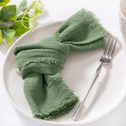 Image of MLMC 10 Pack Sage Green Cloth Napkins with Fringe Boho Linen Napkins Washable Reusable Rustic Dinner Table Decor 17 inchx17 inch for Wedding Party Bridal Baby Shower Home Decor