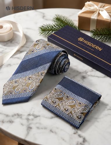 Image of HISDERN Extra Long Ties for Men Classic Floral Tie and Pocket Square Elegant Silk Necktie Handkerchief Set Wedding Party