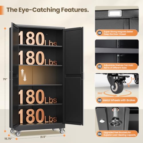 Image of 75 inchBlack Metal Pantry Cabinets for Kitchen Storage Garage Storage Cabinet