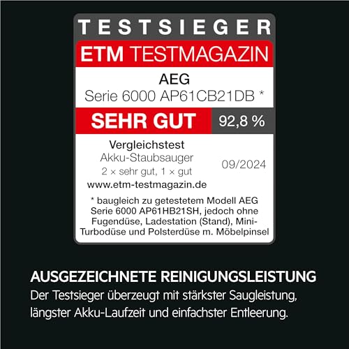 AEG 6000 Akku-Staubsauger, 103.000 U/Min, 175.000 dPa, Digitalmotor, Testsieger ETM Testmagazin, Kabellos, bis zu 99% Staubaufnahme, bis zu 40Min Laufzeit, Entnehmbarer 21,6V Akku, Leicht, AP61CB21DB