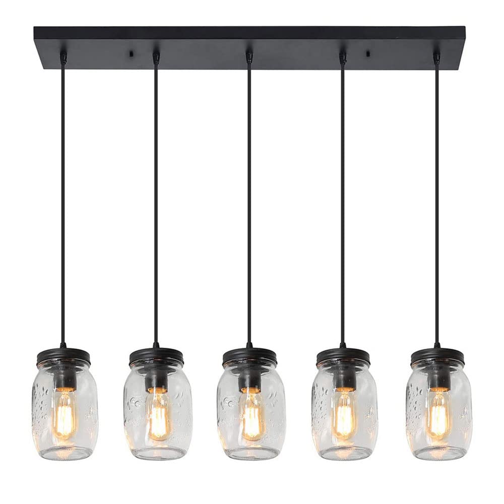 5-Lights Mason Jar Glass Pendant Lighting DIY Adjustable Ceiling Light Fixture Farmhouse Ceiling Light Kitchen Island Hanging Lamp Farmhouse for Farm Barn Lighting Decor Made in China
