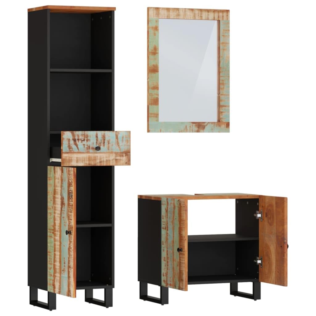 Ensemble de 3 meubles de salle de bain en bois massif recyclé : armoire de salle de bain avec lavabo et miroir en bois recyclé