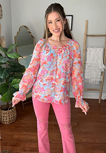 Luvamia Blouses For Women Dressy Casual Button Down Blouse Floral Peasant Tops Lantern Ruffle Long Sleeve Shirts Womens Flowy Tops Floral Blouse Sky Blue And Hot Pink Floral Size Xlarge #TOP5