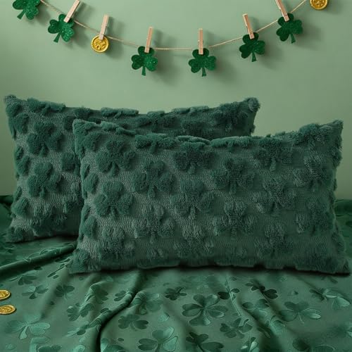 Image of decorUhome St. Patrick's Day Shamrock Green Pillow Covers 12x20 Inch Set of 2, Soft Plush Faux Wool Throw Pillow Covers, Farmhouse Spring Holiday Decor for Sofa Living Room