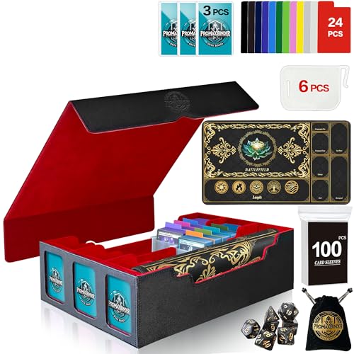 PROMAXIBINDER MTG Trading Card Storage Box with Playmat Fits 3000+ Cards, 3-Row Commander Deck Case, 3 Display Windows, 6 Movable Partitions, 24 Dividers, for Magic/TCG/YuGiOh/Sport (Black&Red)