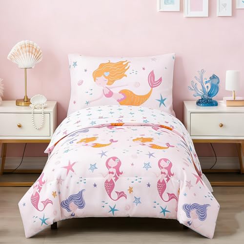 Image of PERFEMET Toddler Bedding Sets Girls 4 Pieces Pink Mermaid Toddler Bed in A Bag Soft Reversible Blush Toddler Bed Set Include Comforter, Flat Sheet, Fitted Sheet, Pillowcase