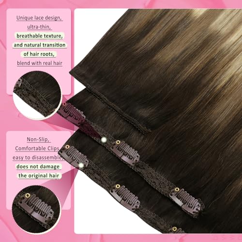 Image of YoungSee Balayage Clip in Hair Extensions Short Straight Hair Clip in Extensions Darkest Brown Roots to Medium Brown with Blonde Balayage Real Human Hair Extensions Clip ins for Women 12 Inch 85G 7Pcs