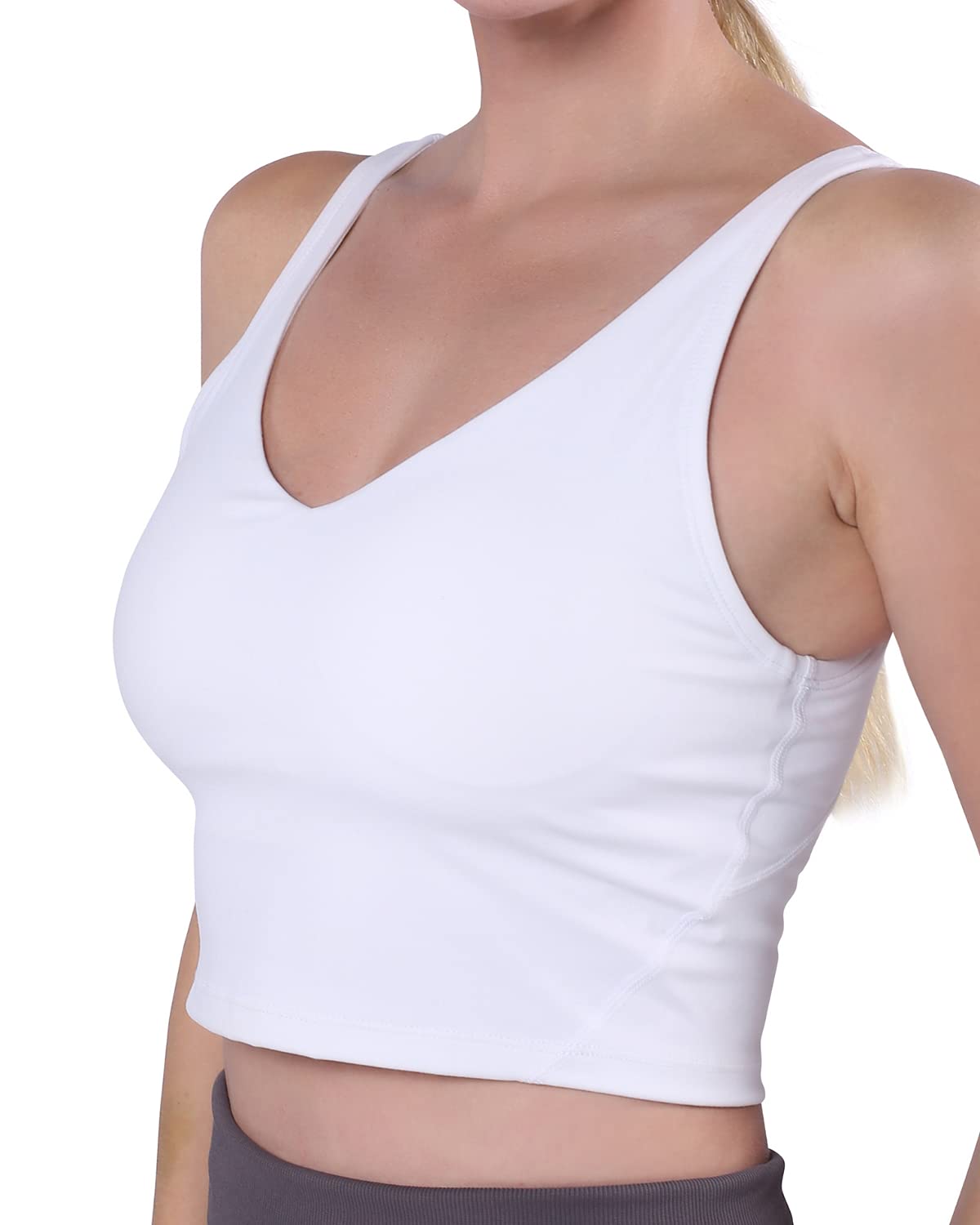 Womens Padded Longline Sports Bra Athletic Workout Yoga Crop Tank Tops with Built in Bras V Neck U Back Removable Pad