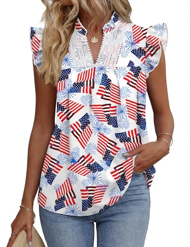 AKEWEI Womens Summer Ruffle Sleeve Lace Embroidered V Neck Work Blouses Pleated Tank Top - image 1