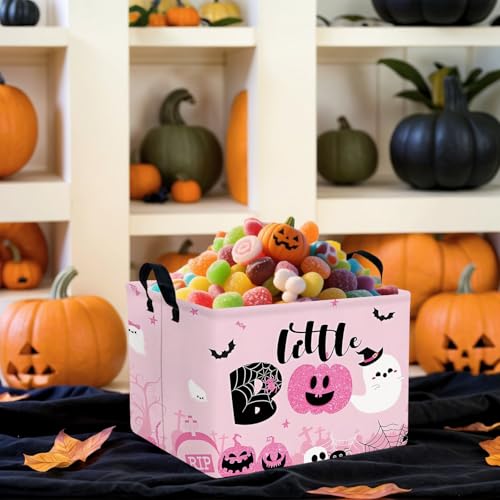 Image of Halloween Basket Gift Cute Pumpkin Ghost Parties Decor Kid Trick or Treat Basket for Boys and Girls Rectangular Storage Bin Box (Pink)