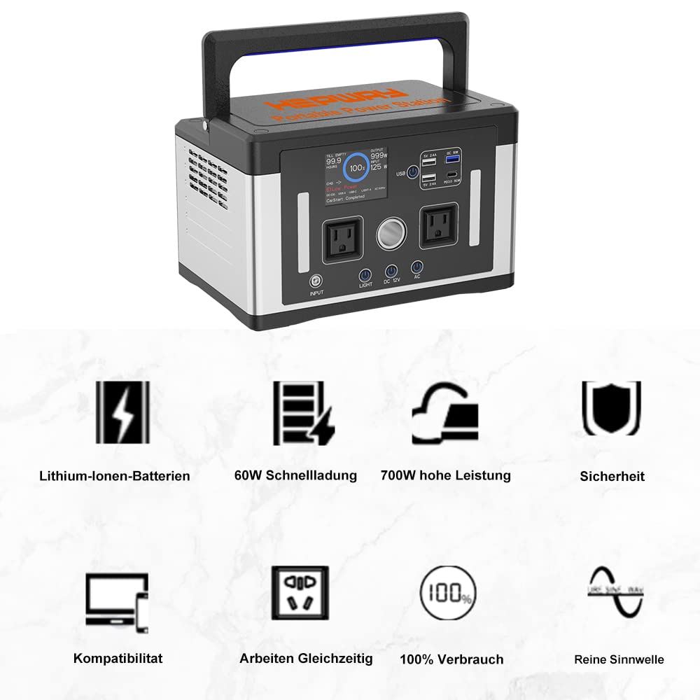 OFFOF Protable Power Station 700 W, 577 Wh, szczytowa 1000 W, przenośna stacja zasilająca Solar AC, samochód, ładowanie słoneczne, trzy porty USB, kemping, wędkarstwo, generacja samochodów