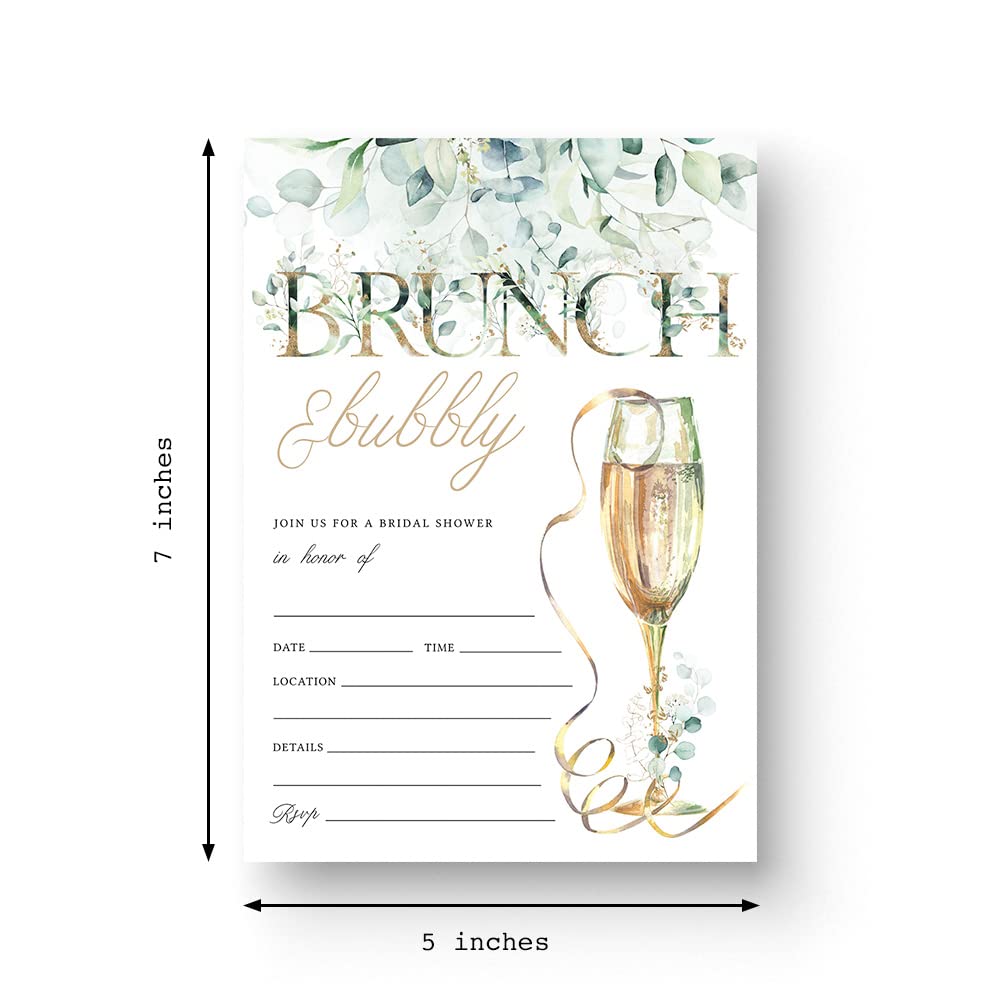Eucalyptus Brunch & Bubbly Bridal Shower 5x7 Invitations with Envelopes, Fill in Cards (Pack of 25)