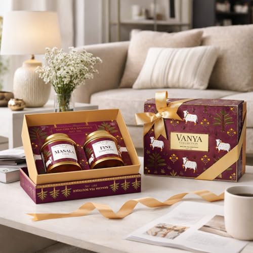 Image of Sancha Tea Boutique, Vanya Collection, Tea Gift Box, Roasted Darjeeling & Masala Chai, 50g x 2 Loose Leaf Teas, Premium Indian Gift Hamper