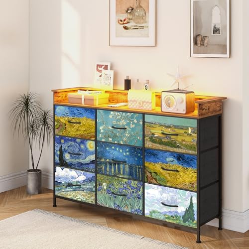 Image of EXOTICA Welfuturer Dresser for Bedroom Van Gogh Dressers with 9 Drawers Chest of Drawers Fabric Clothes Drawer Fabric Closet Organizer for Living Room Entryway Nursery Sturdy Steel Frame Wood Top