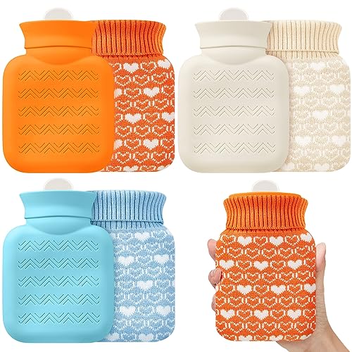 Amylove 3 Pcs Mini Hot Water Bottle for Hot & Cold Compress with Cover 320ml Silicone Microwave Heating Bottles Small Water Bag for Travel Holiday Gift(White, Blue, Orange,Heart Print)