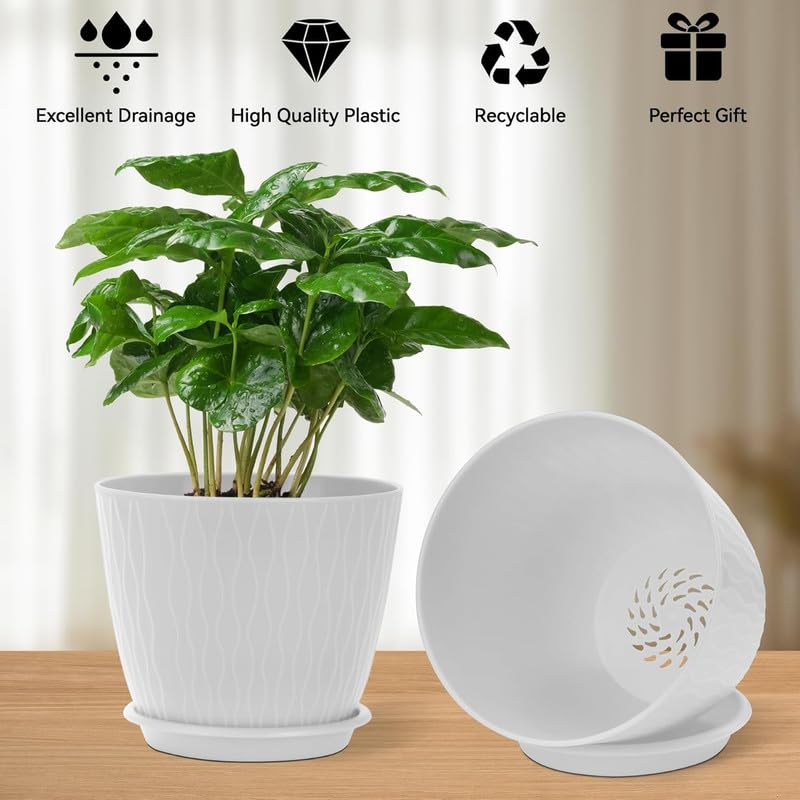 Image of StyleX Store Plastic Round Flower Pots with Drainage Hole Saucers | Durable Outdoor Indoor Wave Pattern Planters with Tray | Plant Containers for Garden, Office, Balcony and Home (Set of 5, White)