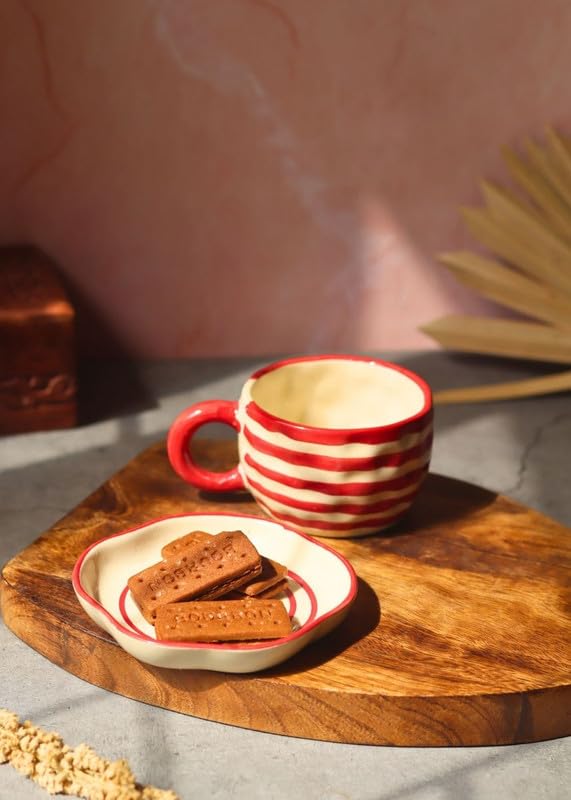 Image of WEAVING HOMES Handcrafted Ceramic Mug & Dessert Plate (Set of 2, Multicolor) - Coffee Mugs and Dessert Plates for Birthday Gifts, Mugs for Office and Travel