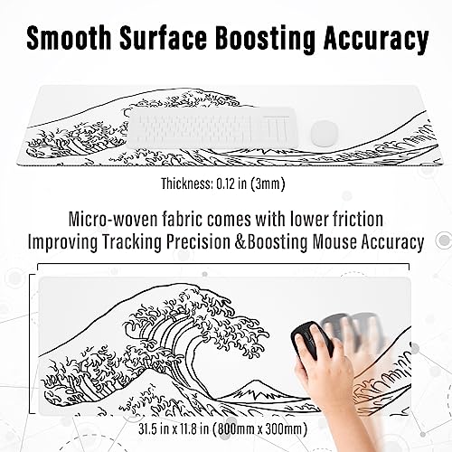 Image of Ovenbird Gaming Mouse Pad with Stitched Edges, Japanese Wave White Extended XL Mousepad with Anti-Slip Base, Cool Large Mouse Pad for Desk, 31.5 x 11.8 in, White