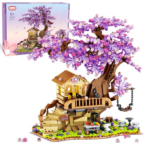Jouet de construction pour la maison de l'arbre des cerisiers en fleurs avec lumière LED, 880pcs Bonsaï de fleurs de cerisier Jeu de construction de maison en fleurs pour les enfants de 6 à 12 ans