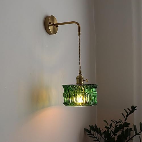 Miniatura 2 de Vintage Green Glass Wall Sconce with Adjustable Chain and Switch Modern Living Room Lighting Fixture E26E27 Base(17 * 16cm)