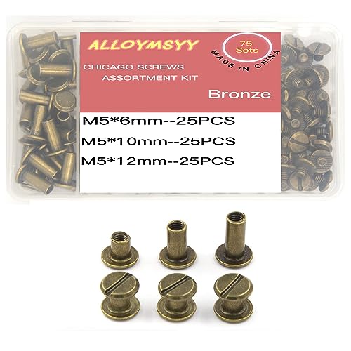 ALLOYMSYY 75 Sets Brass Chicago Leather Rivets Binding Screw Post Screws 6/10/12 3 Size Specifications Available for Leather Craft Decorations/Books
