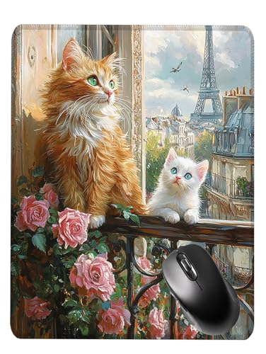 Alfombrilla Ratón Gaming, Mouse Pad, con Base de Goma Antideslizante, Superficie Impermeable, Bordes Cosidos, Compatible con Ratones Láser y Ópticos Portátil, Office, 42x35x0.3cm Gato Paisaje S0F-553