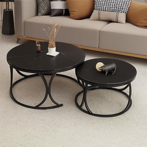 Image of Round End Table Set of Two Coffee Tables with Engineered Wood Top and Metal Frame, Contemporary Accent Side Table for Office, Bedroom, or Living Room Full Black
