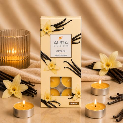 AuraDecor Vanilla Scented Tealight Candles Pack of 10 | 3-Hour Burn Paraffin Wax Lights for Home Decor, Spa, Relaxation & Festive Decor