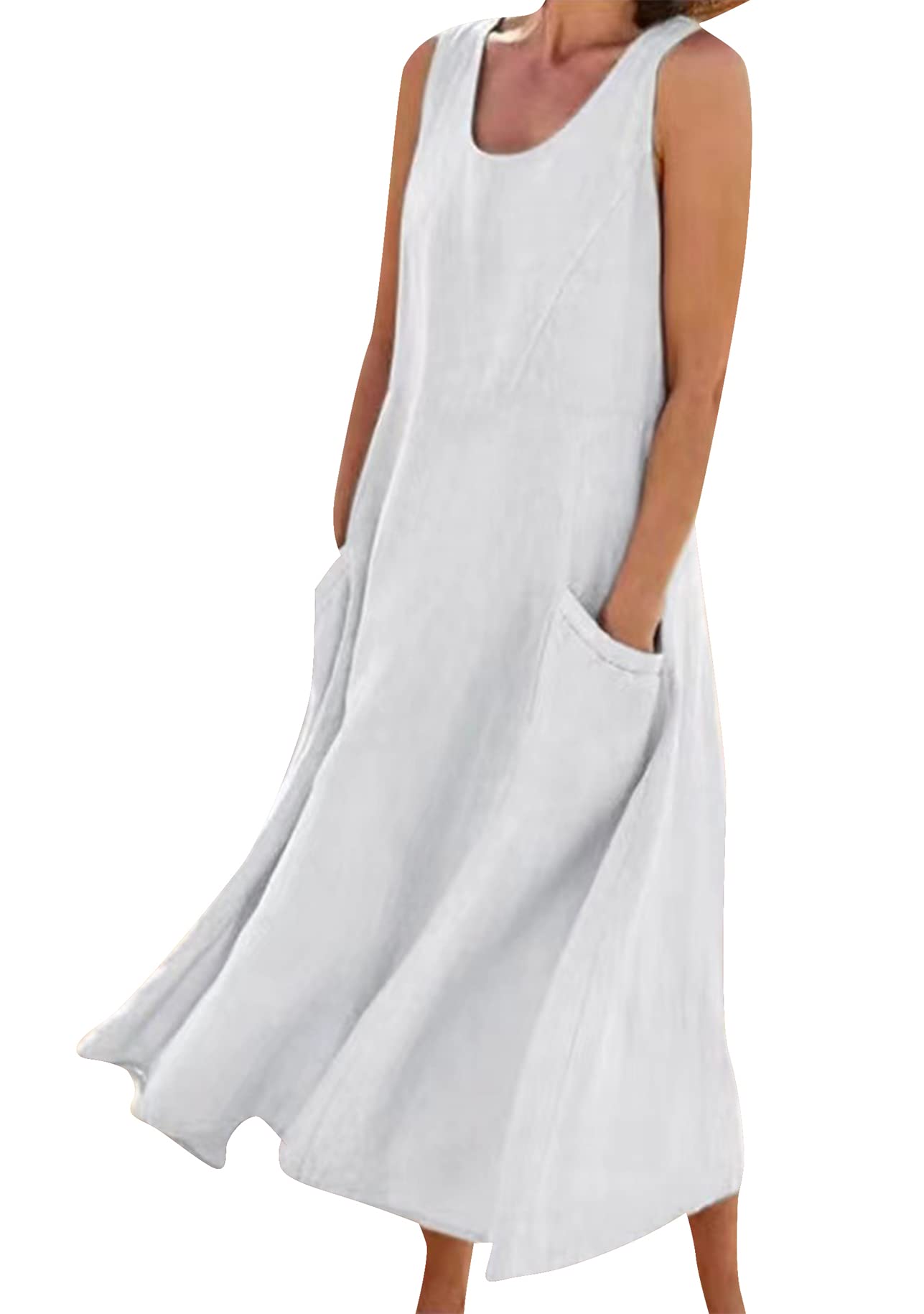 YMING Mujeres Verano Maxi Algodón Lino Tank Vestidos Casual Vestido Suelto Sin Mangas Cuello Redondo Vestido Camisa
