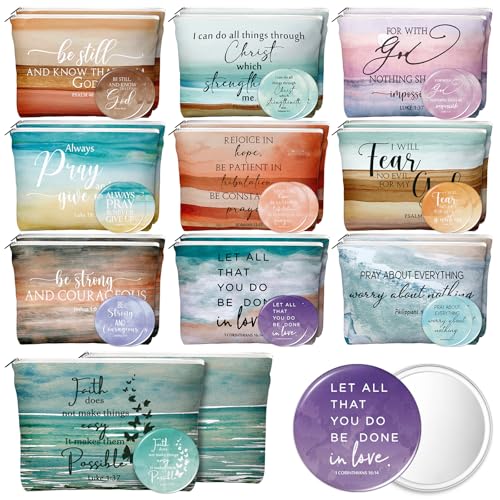 Reginary 20 Set Christian Gifts Bulk for Women Religious Canvas Makeup Bags Compact Mirrors Bible Verse Church Favors for Grandparents Day Sunday School Teacher(Bright Colors,Abstract Style)