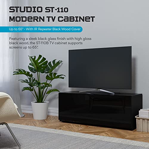 Image of SONOROUS ST-110 Premium TV Stand with Black Glass & Black Wood Cover - Modern Entertainment Center & Media Console for Living Room - TV Cabinet up to 65 Inch with Hidden Wheels - Sleek Storage Design