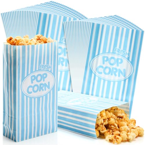 Image of Potchen 300 Pcs Paper Popcorn Bags Bulk 2 oz Large Individual Serving Popcorn Bag Flat Bottom Disposable Container Vintage for Movie Night Themed Summer Back to School Party Carnival (Light Blue)