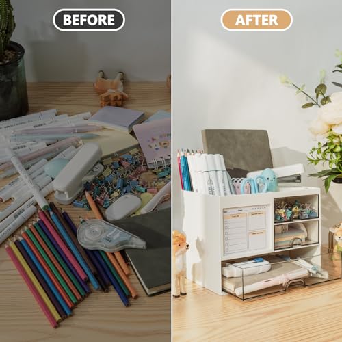 Desk Organizer with 3 Drawer, Multi-Functional Pencil Pen Holder for Desk, Desk Organizers and Storage with 8 Compartments, Desktop Organizer for Office Home Art Supplies (White) - Image 4