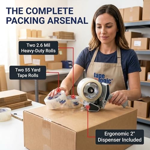 Image of Tape Logic Packing Tape 2-Rolls & Dispenser, 2 inch x 55 yd 2.6 Mil - Heavy Duty Clear Packaging Tape Roll for Shipping, Moving, Order Fulfillment