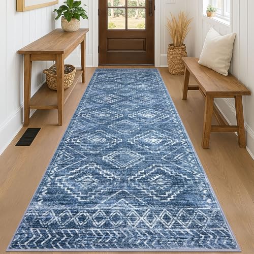 KILOCOCO Hallway Runner Rug 3x8 Runners for Hallways Washable Runner Rug Non Slip Rubber Backed Low-Pile Runners for Bedroom Kitchen Living Room Laundry Room Boho Rugs, Stonewashed Blue