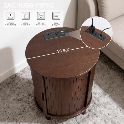 Image of DHH Round End Table with Storage & Charging Station, Fluted Accent Side Table with Sliding Door & Adjustable Shelf, Mid-Century Nightstand for Small Spaces, Living Room, Bedroom (1, Walnut)