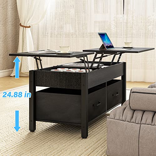 Ahvqevn 2 Way Lift Top Coffee Table With Hidden Compartments 2 Fabric Storage Baskets Rustic Wood Center Table With Tabletop Raisable Top For Living Room, Black #TOP7