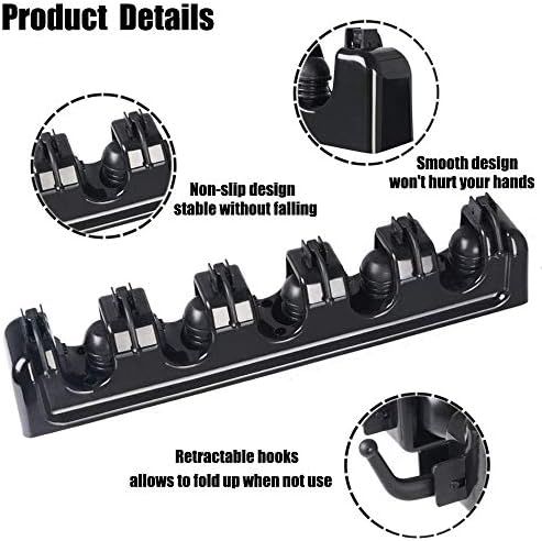 Broom Mop Holder, Heavy Duty Wall Mounted Mop Clip Hangers Broom Storage Tidy Organizer with 5 Racks 6 Retractable Hooks Holds up to 11 Tools Perfect for Brush Kitchen Bathroom Office Garden