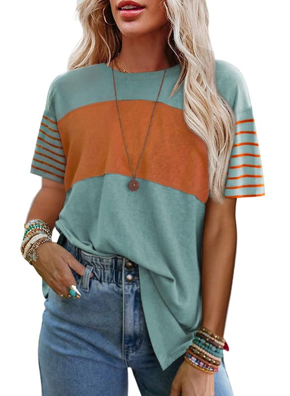 SHEWINWomens Casual Short Sleeve Shirts Loose Crewneck Color Block Tshirts Tops
