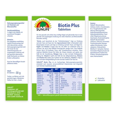 SUNLIFE Biotin Plus 1000 Tabletten - 1 x 60 Stück - Biotin hochdosiert mit Vitamin C & Zink - hochwertige Biotin Zink Tabletten - gluten- & laktosefreie Haar & Nägel Tabletten zur täglichen Anwendung
