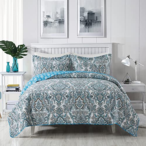 Travan Bedspread Quilt Set 3-Piece Lightweight Reversible Cotton Oversized Quilted Bedding Set For All Season, Blue Damask, King Size #TOP8